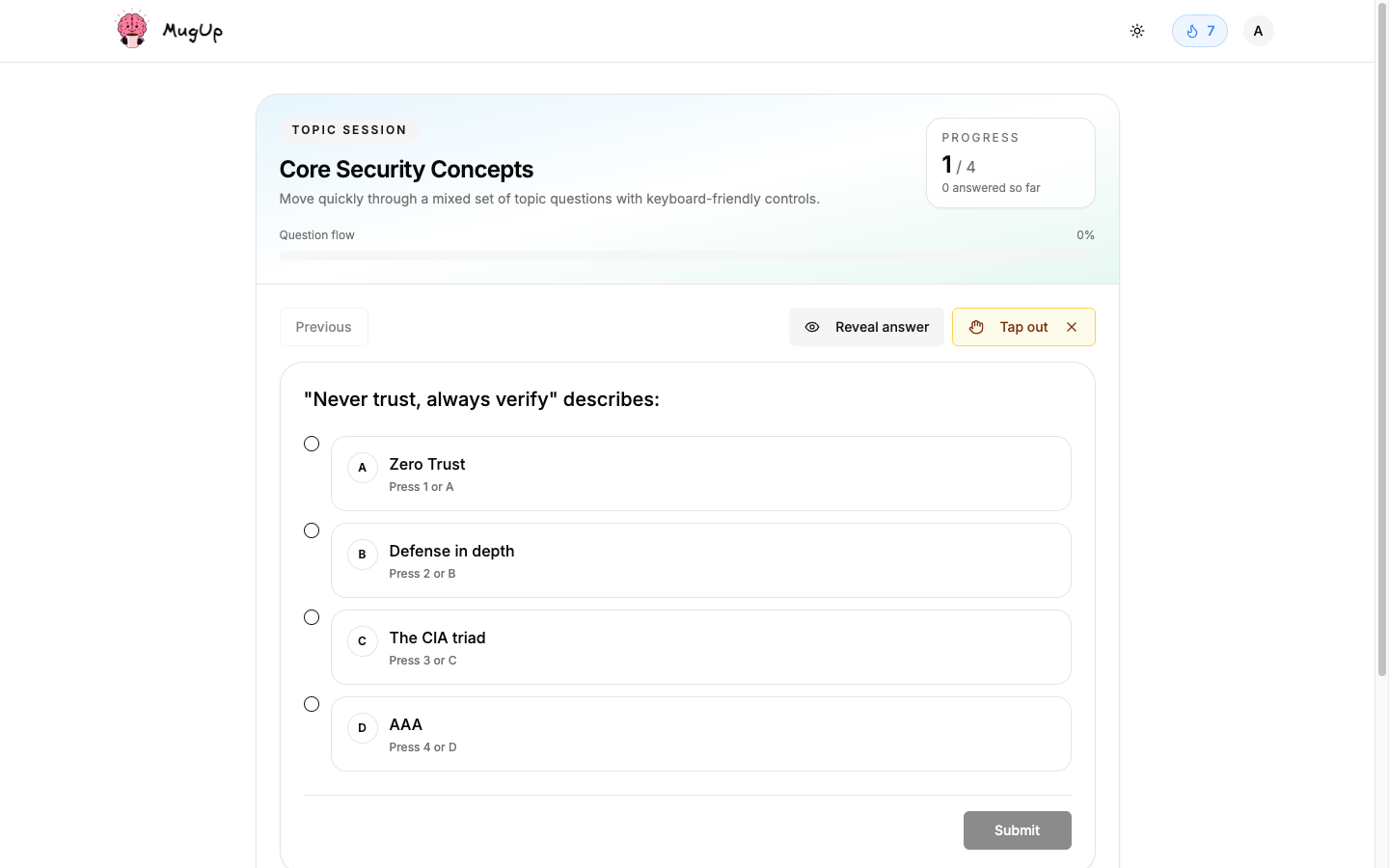 A Security+ practice question on core security concepts in MugUp